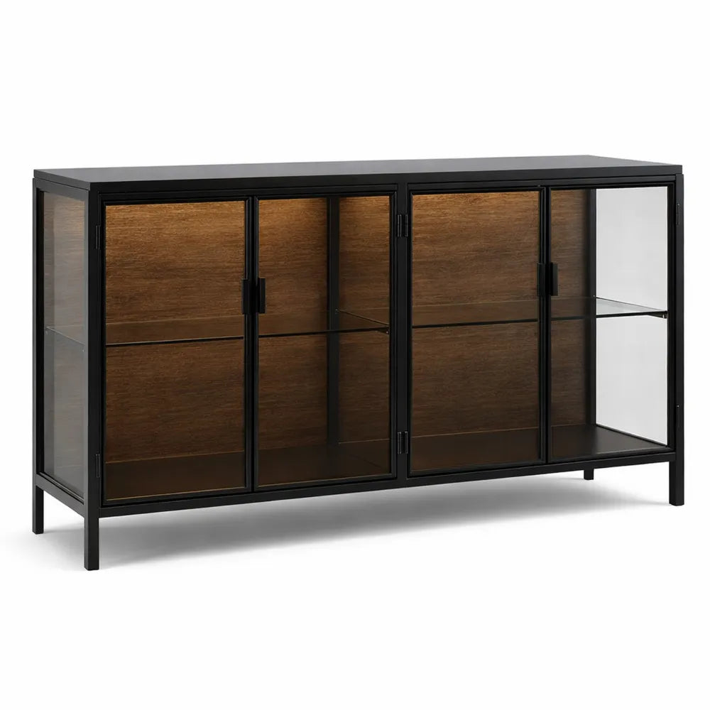 Armoire en verre avec portes doubles et cadre en métal noir