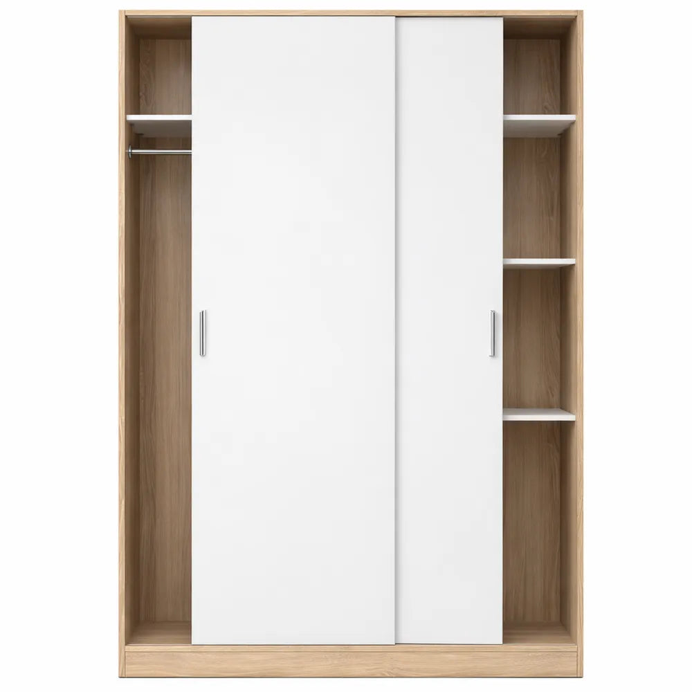 Armoire 2 portes coulissantes avec étagères, 200 x 120 x 50 cm, pour chambre principale ou enfant, blanc et chêne