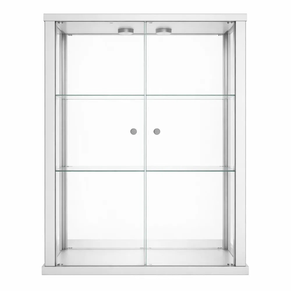 Vitrine Murale Blanc avec Étagères en Verre et Éclairage LED
