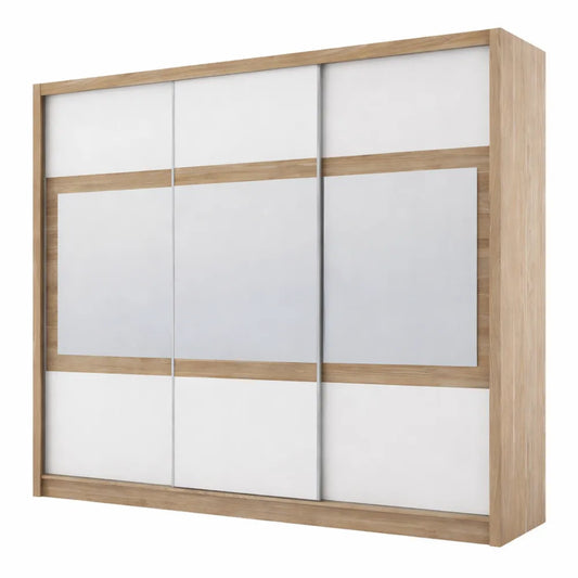 Armoire coulissante 3 portes avec miroir, 250 cm, naturel et blanc