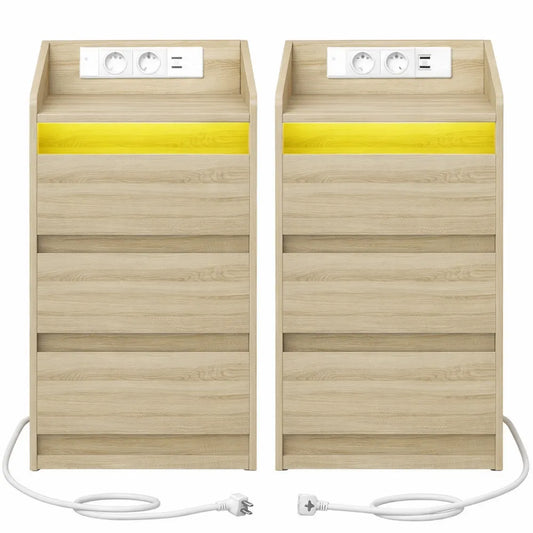 Table de Chevet avec Chargeur et Éclairage LED, 3 Tiroirs, Port USB, Couleur Chêne