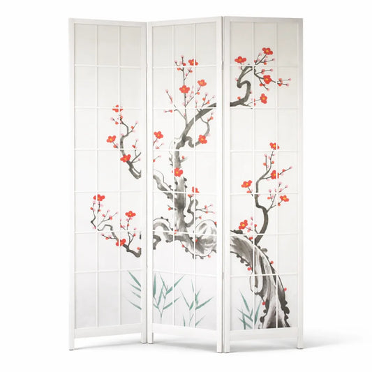 Paravent à 3 Panneaux Bois Blanc Motif Cerisier