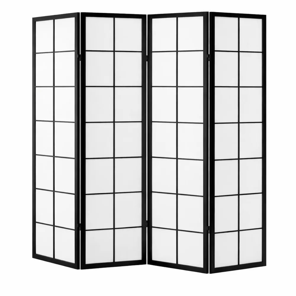 Écran de Séparation en Bois Noir Motif Bambou à 4 Panneaux