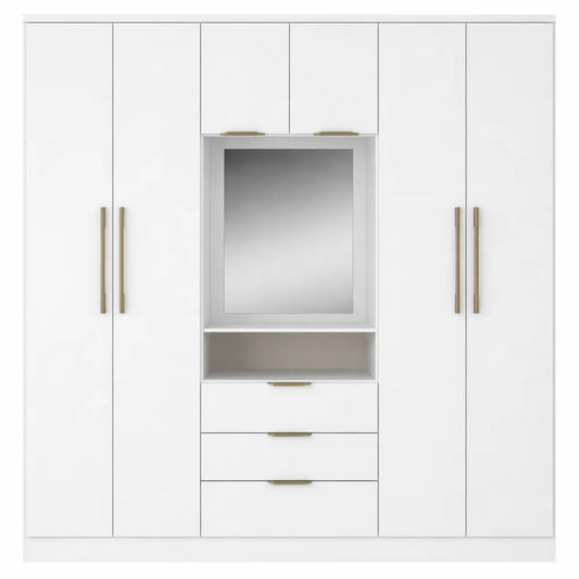 Armoire spacieuse avec miroir, 6 portes et 3 tiroirs, L180 cm, blanc